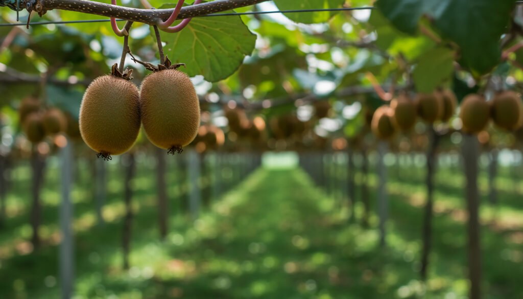 Kiwi orchard with ripe fruits growing on lush vines in a thrivin