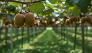 Kiwi orchard with ripe fruits growing on lush vines in a thrivin